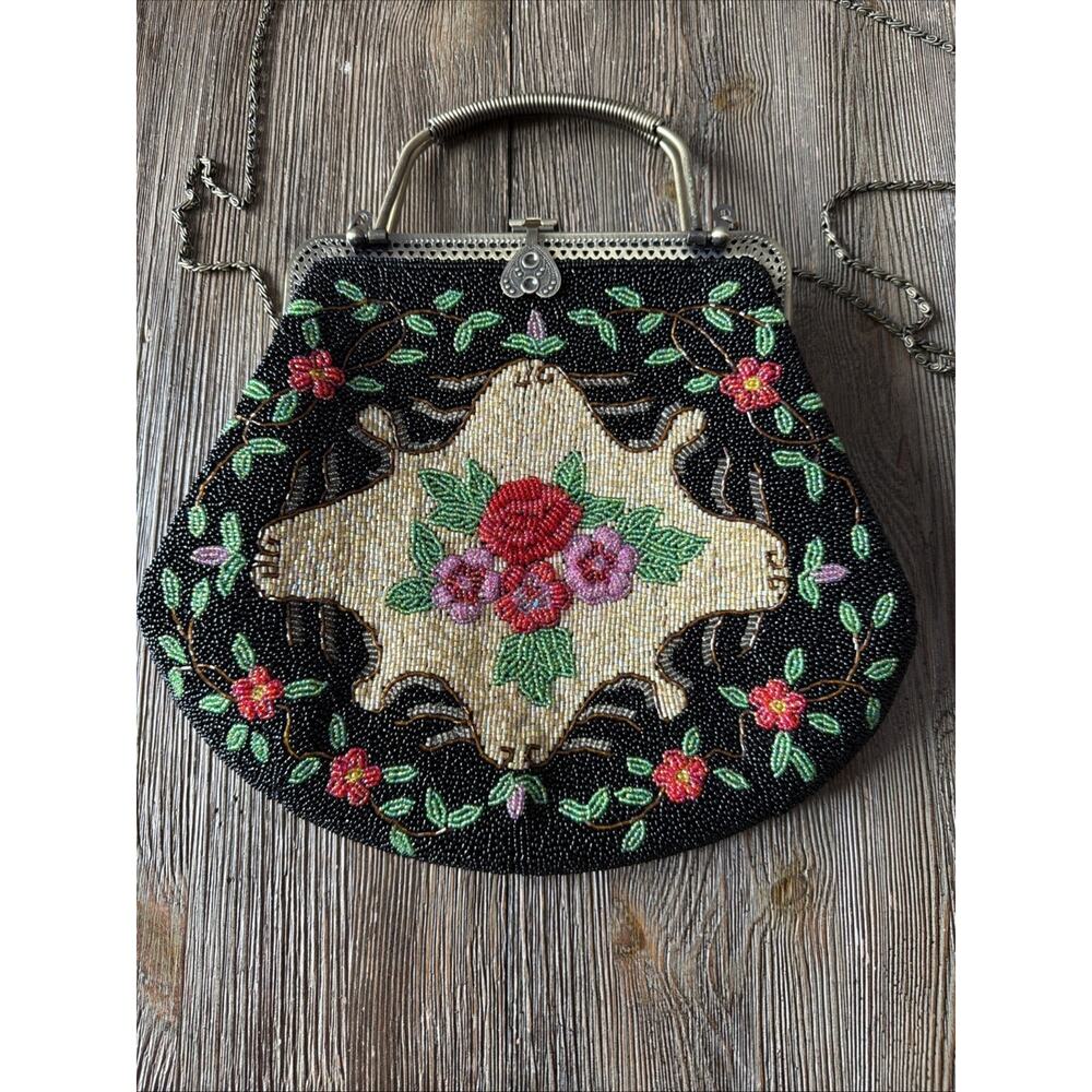 Vintage Hand Beaded Purse Black Colorful Roses Bag 1950 1960 flapper party - Picture 2 of 16